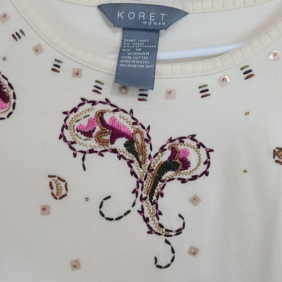 Koret Women's Quarter Sleeve Beadwork Blouse, Size: 1X Color: Cream - Picture 6 of 14